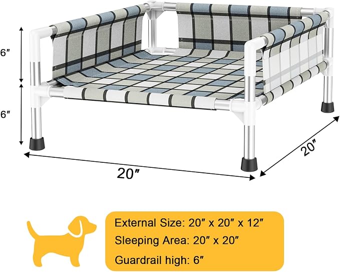 Elevated Dog Bed with with Guardrail, Raised 3-Fence Dog Hammock Bed | Breathable Lifted Stainless Steel Frame Dog Bed for Small Pets, Cooling Washable Dog Cot