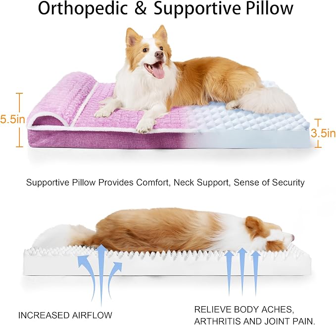 Orthopedic Large Dog Bed Pillow Pet Sofa Bed 42''X28'' Lilac | Egg-Crate Foam Pet Couch Large Sized Dog, Waterproof Removable Washable Cover,Furry Puppy Crate Mat With Nonskid Bottom