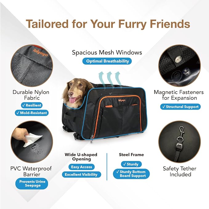 ibiyaya - Expandable Pet Carrier for Dogs and Cats - JetPaw Expandable Pet Carrier for Cats, Dogs, and Rabbits - Airline Approved and Travel Friendly 5 in 1 Dog Carrier - Black and Orange