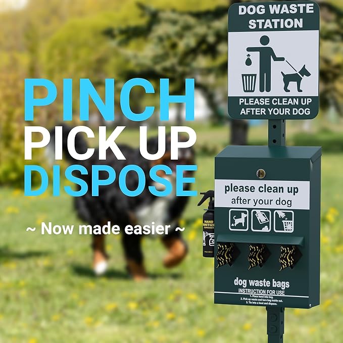 Flash Furniture Mini Pet Waste Station, 600 Bags, Green | Glow in the Dark Sign, Roll Waste Bag Dispenser, Hand Sanitizer
