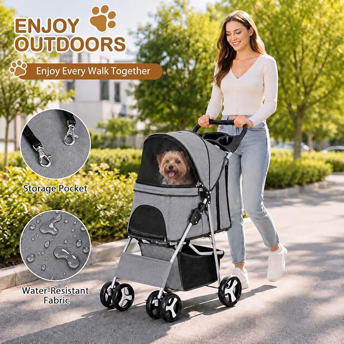 Pet Stroller 4 Wheels Dog Cat Stroller for Small Medium Dog Cats Carrier Jogger Travel Foldable Puppy with Storage Basket and Cup Holder (Grey)