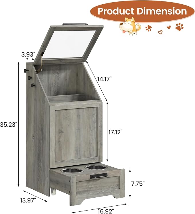 Dog Feeding Station with 2 Elevated Dog Bowls | Pet Feeding Station,Flip Top Pet Food Cabinet,Pet Food Container,Pet Toy Storage Organizer,Modern Storage Organizer, Grey