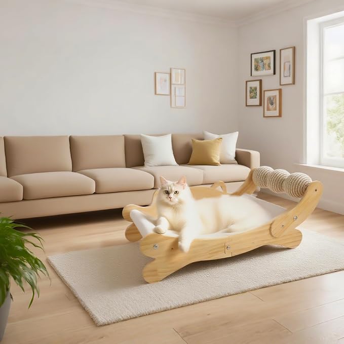Cat Scratcher Bed, Heavy Duty Sisal Cat Scratching Post with Hammock for Indoor Cats, Natural Wood Cat Lounge for Sleeping & Scratching, Stable Bed for Large Cats