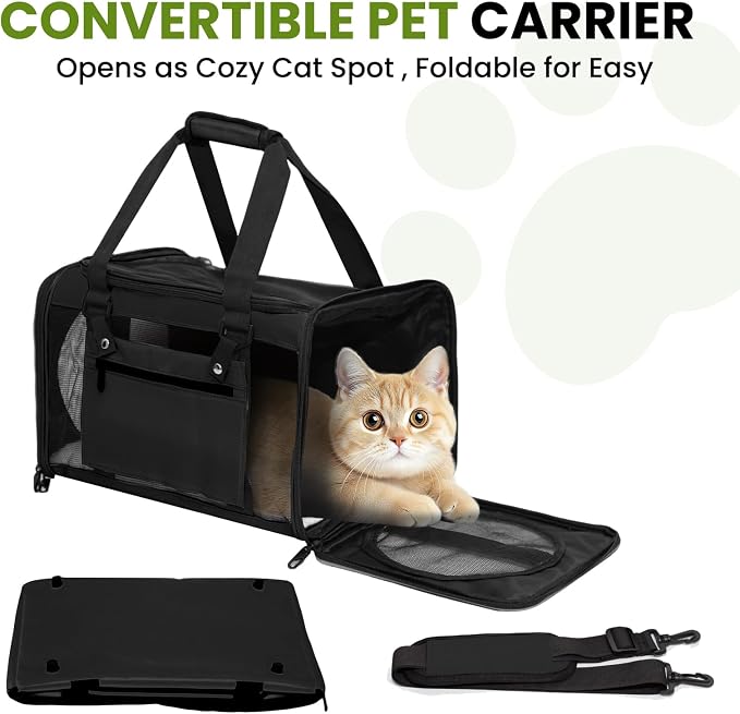 Soft-Sided Cat Carrier Expandable Pet Carrier Airline Approved Mesh Zipper with Lock Travel Carrier Up to 15lbs for Cats Dogs Collapsible Escape-Proof with Strap (18x11x11 Black-L)