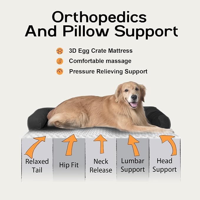 Orthopedic XL Dog Bed with Bolster for Extra Large Size Dogs | Pillow Support for Neck Relief, Egg Crate Foam, Skin-Friendly Surface, Waterproof Liner, Anti-Slip Bottom, 42 x 30 Inch