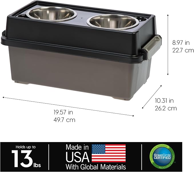 IRIS USA Elevated Dog Bowls 9" H, up to 13 lb Storage, Black, Made in USA | Comes with 2 Stainless Steel Bowls (32 oz), Elevated Feeder, Reduce Strain, Perfect for Camping & Outdoors