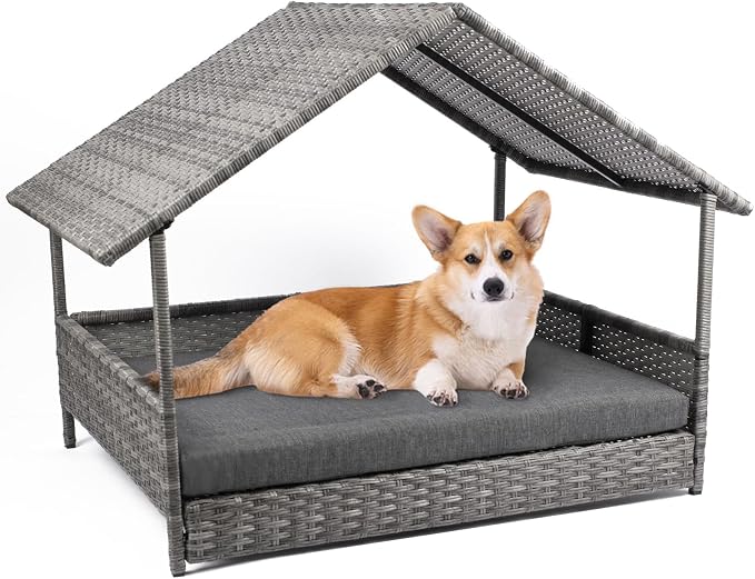 Wicker Dog House, Elevated Rattan Dog Bed with Canopy, Large Dog House Outdoor with Water Resistant Cushion, Outside Rattan Dog House for Dogs with Protective Cover, Grey