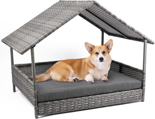 Wicker Dog House, Elevated Rattan Dog Bed with Canopy, Large Dog House Outdoor with Water Resistant Cushion, Outside Rattan Dog House for Dogs with Protective Cover, Grey