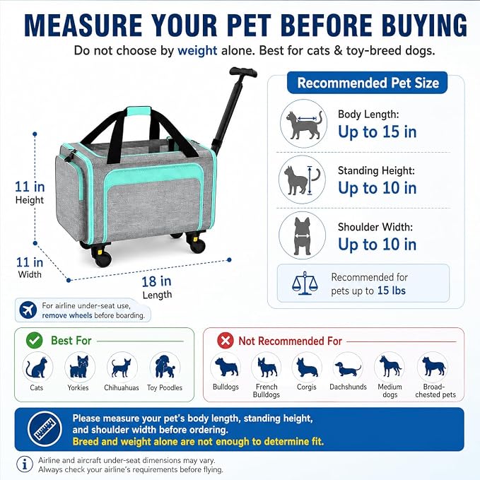Airline Pet Carrier with Wheels, 18x11x11 for Cats & Toy Dogs | Soft-sided nylon under-seat bag, removable wheels, expandable mesh, cats & toy-breed dogs, measure pet before buying