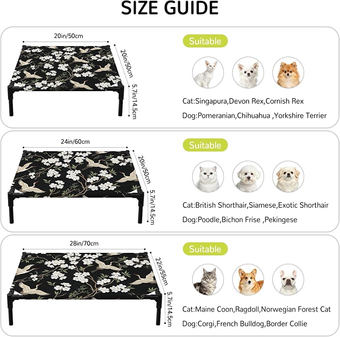 Outdoor Elevated Dog Bed for Large Dogs, Spring Floral Breathable Cooling Raised Dog Cot for Indoor/Outdoor, Branches Birds Flowers Modern Art Waterproof Elevated Pet Beds, L 28 x 22 in
