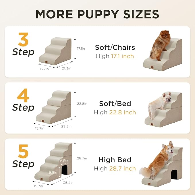 Joydeco Dog Stairs for Bed 29" H, 5-Step Pet Steps for Small Dogs and Cats, Dog Steps for High Bed, Non-Slip Balanced Ramp Indoor Pet Stairs, Beige