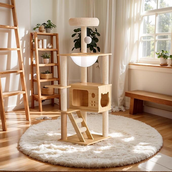 Modern Cat Tower, Wood Cat Tree Tower for Indoor Cats, Cat Tree with Sisal-Covered Scratching Posts and Soft Top Perch, 48.8'' Cat Condo with Acrylic Hammock for Small Large Cats