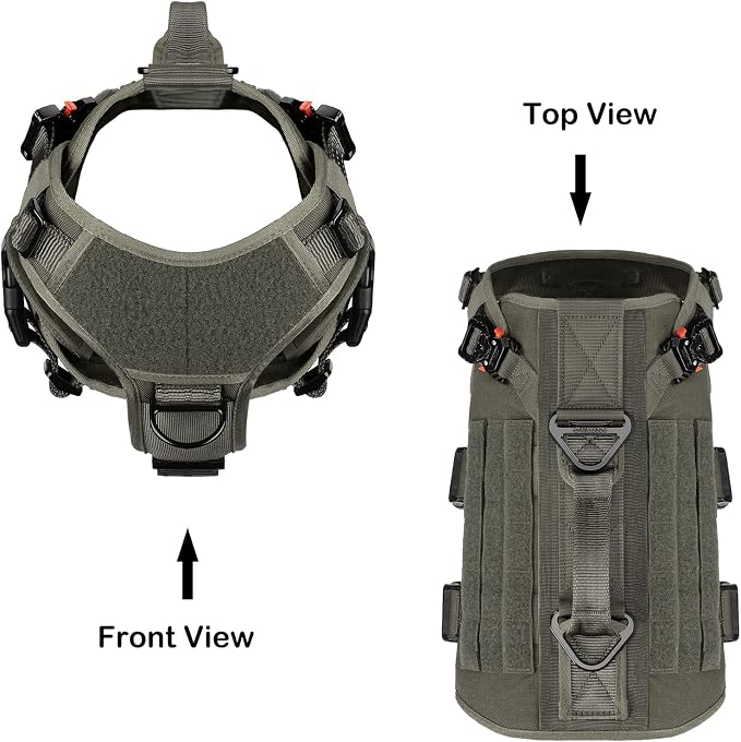ICEFANG No Pull Tactical Dog Harness for Medium Dogs,Adjustable Dog Vest | Control Handle,MOLLE Panel,Front Hook,3 Leash Clips,Soft Padded,for walking training,Green,Medium