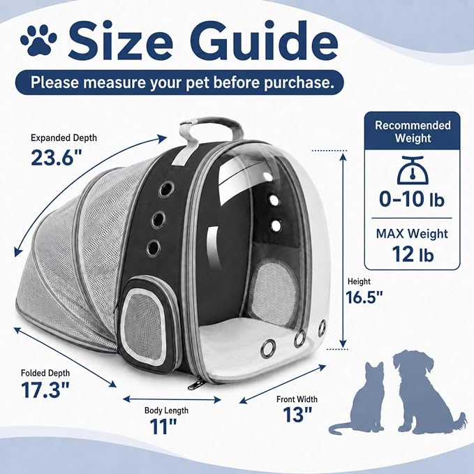 Expandable Cat Carrier Backpack for Cats and Dogs, Bubble Window Pet Travel Backpack with Breathable Mesh, Anti-Collapse Structure, Side Door, Safety Leash, for Vet Visits, Hiking, Outdoor, Black