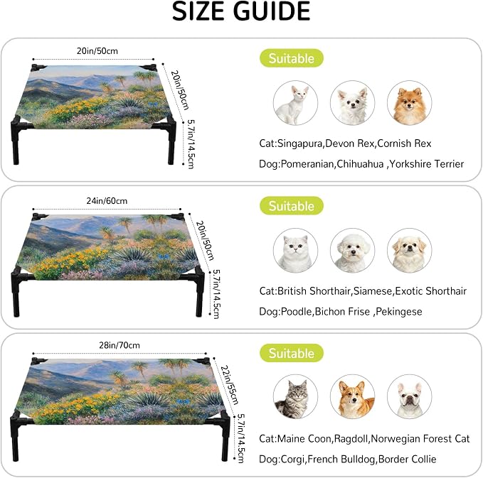 Outdoor Elevated Dog Bed for Small Dogs, Tropical Mountain Breathable Cooling Raised Dog Cot for Indoor/Outdoor, Farmhouse Nature Trees Flowers Blue Sky Waterproof Elevated Pet Beds, S 20 x 20 in