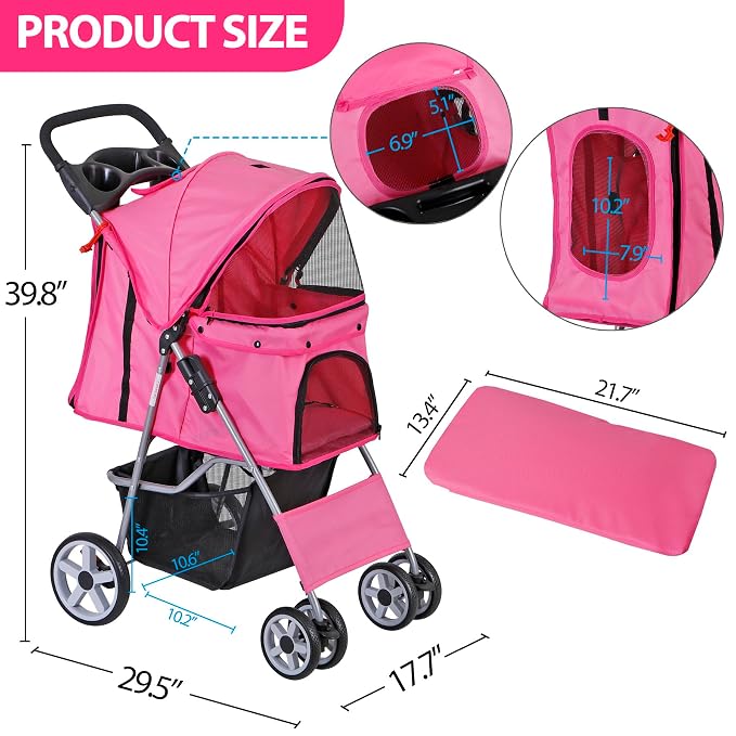 LEMY Foldable Pet Stroller,4 Wheels Cat/Dog Stroller with Weather Cover for Small/Medium Dogs and Cats,Pink Pet Strolling Cart with Storage Basket and Cup Holder
