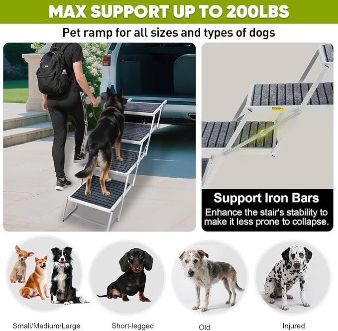 Joyrally 4-Step Dog Stairs for Car, Large Dogs, Rug with Iron Bars | 20 in extra-wide aluminum frame, rug surface and support bars for SUV and truck trunks, for senior and injured dogs
