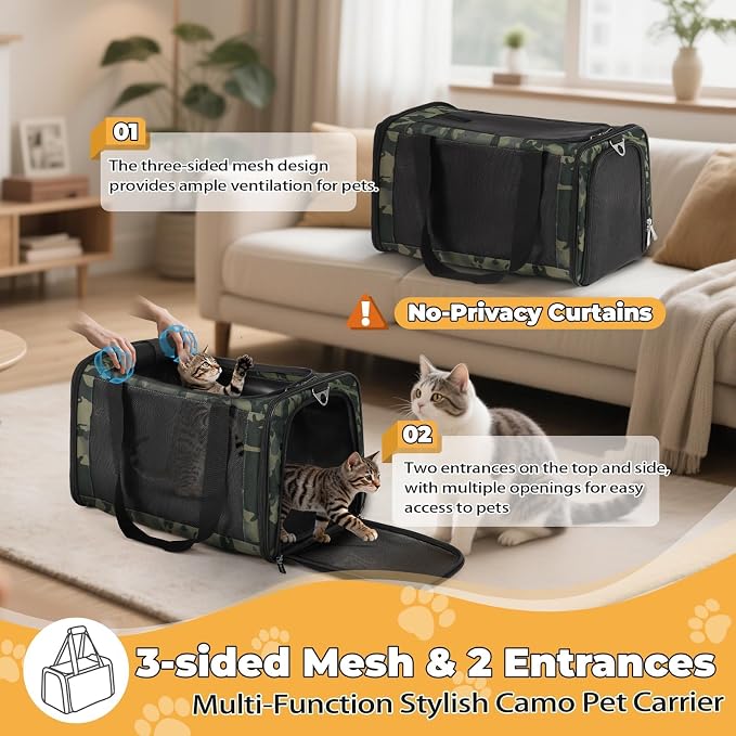 Cat Carrier Soft 25lbs Two Loading Pet Carriers Portable Small Dog Puppy Airline Approved Carrier with Side Pockets Foldable Portable for Outdoor Car Black Camouflage