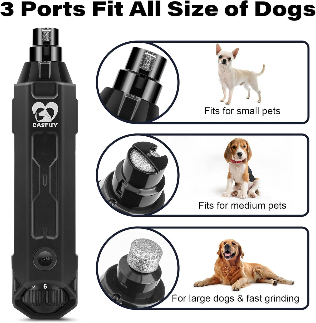 Casfuy 6-Speed Dog Nail Grinder - Newest Enhanced Pet Nail Grinder Super Quiet Electric Dog Nail Trimmer Rechargeable Painless Paws Grooming & Smoothing Tool for Large Medium Small Dogs (Grey)