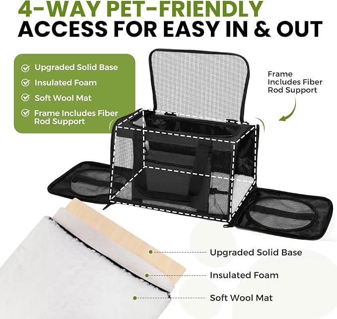 Soft-Sided Cat Carrier Expandable Pet Carrier Airline Approved Mesh Zipper with Lock Travel Carrier Up to 15lbs for Cats Dogs Collapsible Escape-Proof with Strap (18x11x11 Black-L)
