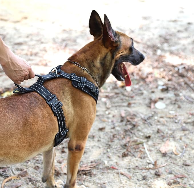 ICEFANG Dog Halter Harness with Metal Buckles,Dog Strap Vest for Large Dogs | Control Handle,Summer-Cooling,Reflective,Front Hook,Adjustable,Soft Padded,No Pull,Black,Large