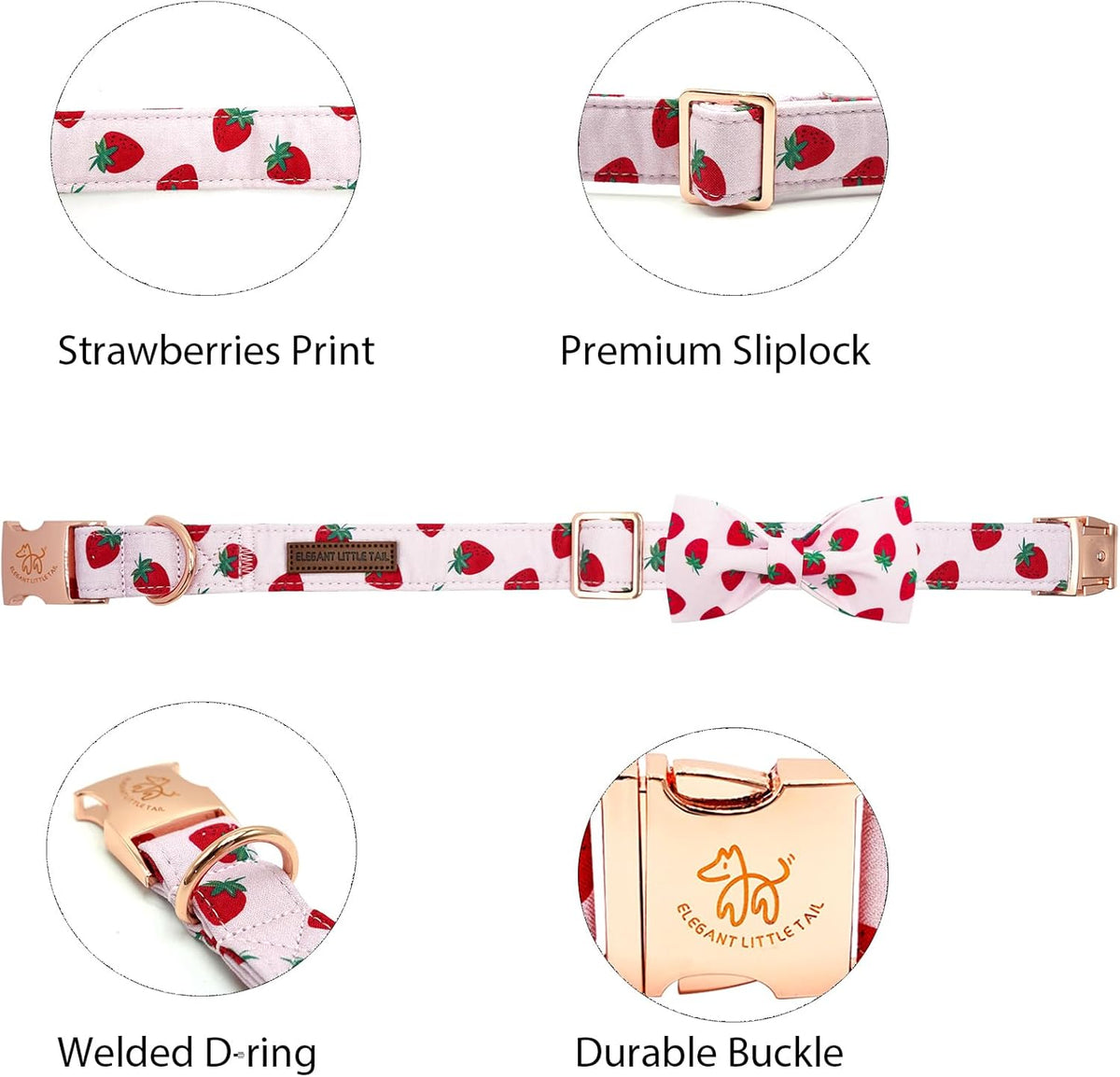 Elegant little tail Dog Collar, Strawberries Print Pet Collar Summer Dog Collar Durable Metal Buckle Dog Collars Cotton Pet Adjustable Dog Collars for Medium Dogs