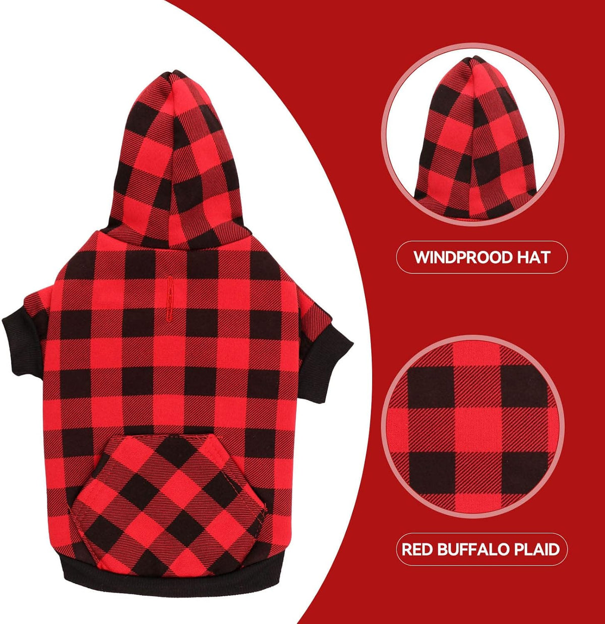 Dog Hoodie Sweater Red Buffalo Plaid Pet Clothes Warm and Soft Breathable Cozy Pet Hoodies for Large Dogs Dog Sweaters for Extra Large Dogs with Pocket(XL)