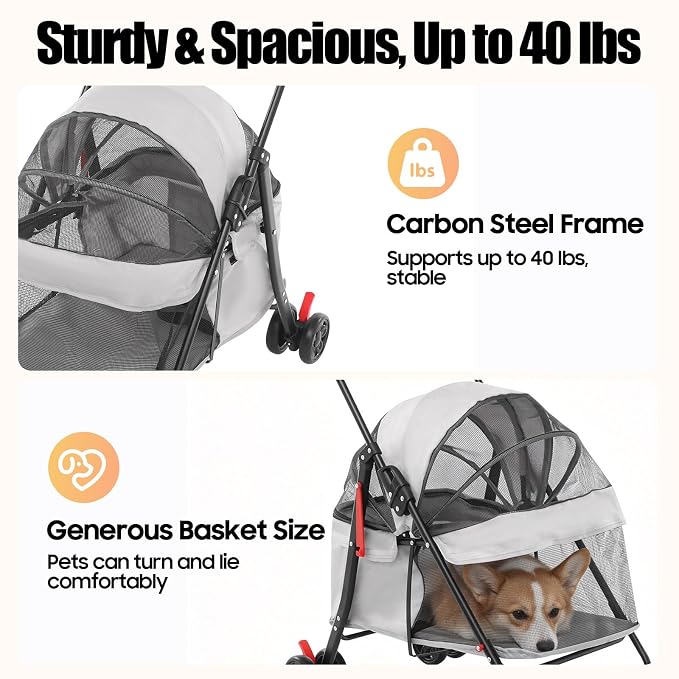 Pet Stroller for Small Medium Dogs Cats, Lightweight Foldable Pet Wagon with 360° Front Wheels & Brake, 40 lbs Capacity Carrier for Park Travel Shopping, Breathable Mesh Basket (Light Gray)