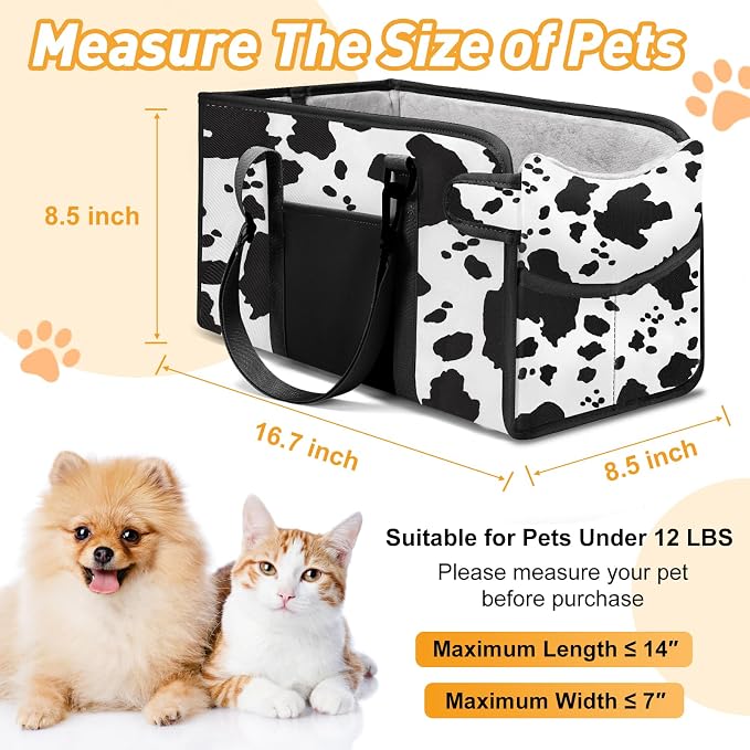 Portable Dog Car Seat for Small Dogs, Puppy Car Seat, Cow Pattern | Booster Seat With Safety Leash & Adjustable Straps Keeps Small Dogs Secure. Removable Washable Cushion. Fits Most Cars.