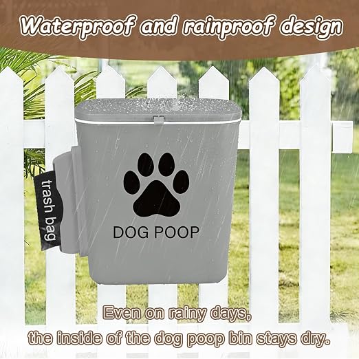 Dog Poop Trash Can Outside Hanging, 2 Gallon Wall Mount Dog Poop Trash Can | with Trash Bag Dispenser, Small Pet Waste Bin with Lid, Hanging Pet Waste Disposal Container for Fence, Garbage, Outdoors