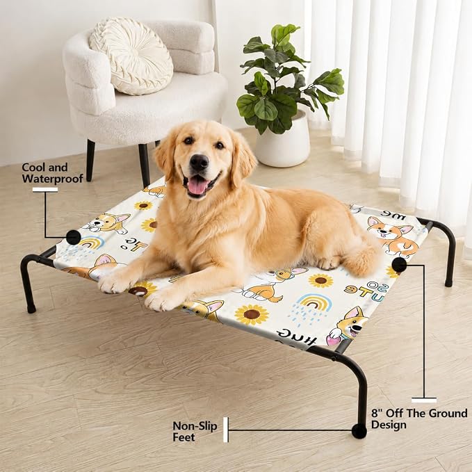 Kawaii Corgi Sunflower Orthopedic Elevated Dog Pet Bed(35"X25"X8"),with Metal Frame,Printing Breathable Waterproof Dog Kennel,Sleeping Bed for Small Medium Large Dogs Cats,for Home,Outdoor Use