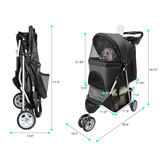 Pet Strollers for Small Medium Dogs & Cats, 3-Wheel Dog Stroller Folding Flexible Easy to Carry for Jogger Jogging Walking Travel with Sun Shade Cup Holder Mesh Window (Black)