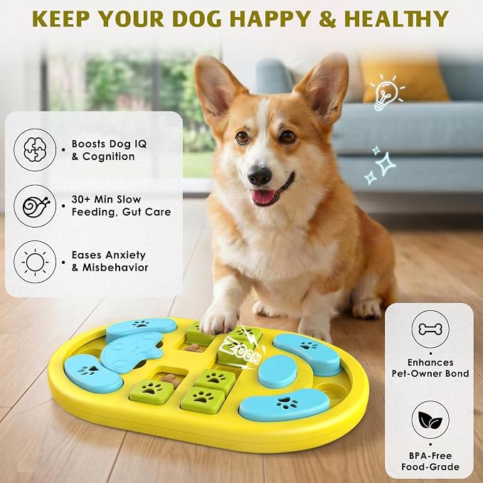 Dog Puzzle Toy, Interactive Treat Puzzle for IQ Training & Mental Stimulation, Non-Slip Slow Feeder Enrichment Boredom Buster for Puppies Small Medium Large Dogs Cats, Yellow Gift