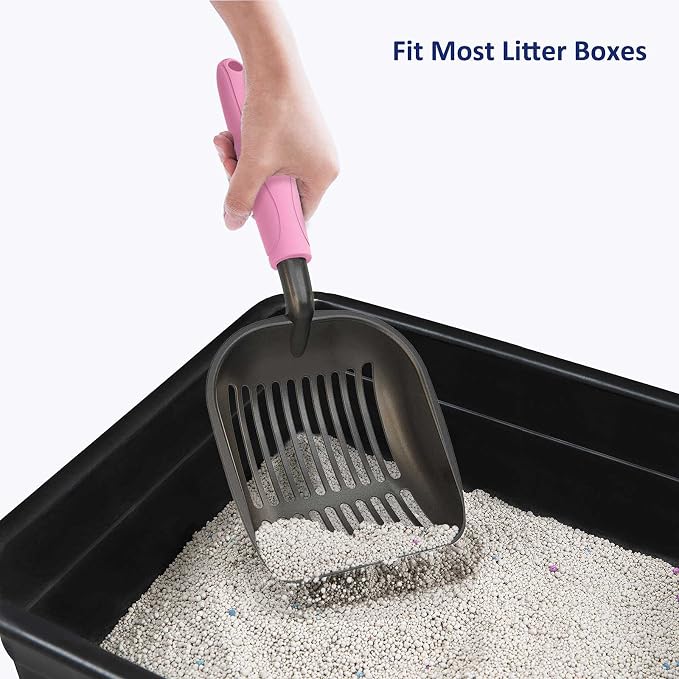Cat Litter Scoop, Non-Stick Plated Aluminum Alloy Sifter, Kitty Durable Metal Scooper, Deep Shovel, Long Handle, Kitten Pooper Lifter, Size Large, Coated Black Body with Pink Handle