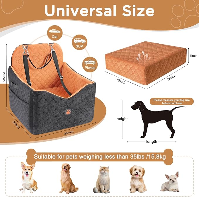 Dog Car Seat for Small/Medium Dogs Up to 35lbs, Puppy Car Seat with Thick Cushion, Detachable Washable Dog Carseat with Storage Pockets, 2 Safety Belts (Brown)