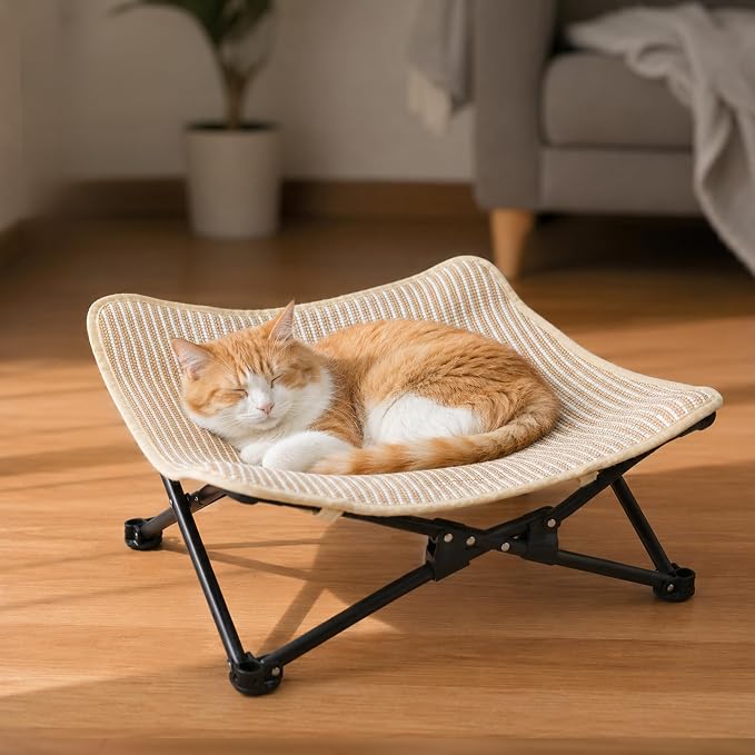 PETKARAY Foldable Cat Hammock Bed, Elevated Sisal Scratching Lounge with Metal Frame, Raised Cat Hammock Chair for Indoor Cats