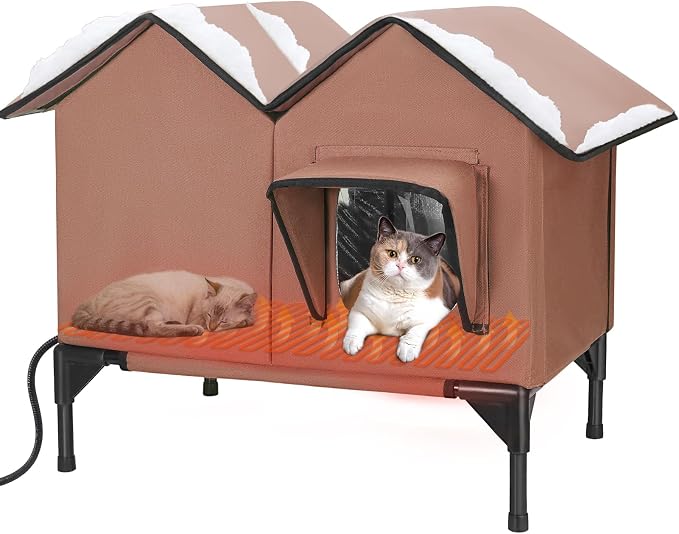 Heated Cat House, Large Heated Outdoor Cat House Weatherproof for Winter, Elevated Waterproof Insulated Cat Houses for Outdoor Cats, Comfortable and Warm Feral Cat Shelter (Tan)