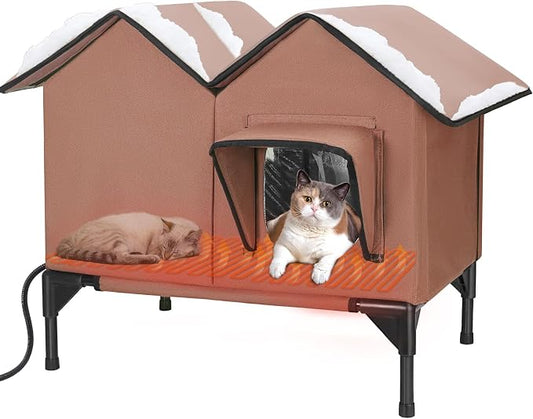 Heated Cat House, Large Heated Outdoor Cat House Weatherproof for Winter, Elevated Waterproof Insulated Cat Houses for Outdoor Cats, Comfortable and Warm Feral Cat Shelter (Tan)