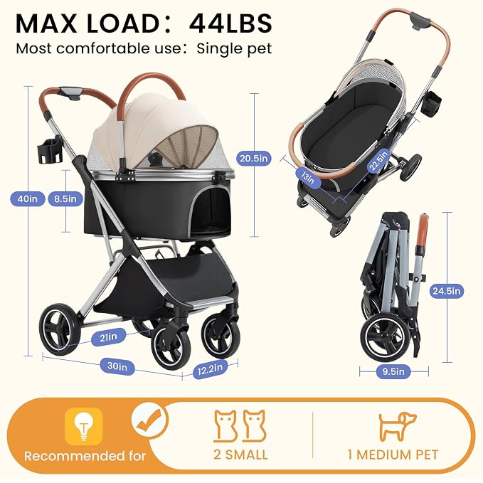 Dog Strollers for Small Medium Dogs Cats 44 lbs,3-in-1 Detachable Pet Carrier Stroller,4 Wheels One-Hand Fold Travel Carriage with Storage Basket,Pet Pad,Cup Holder,Khaki