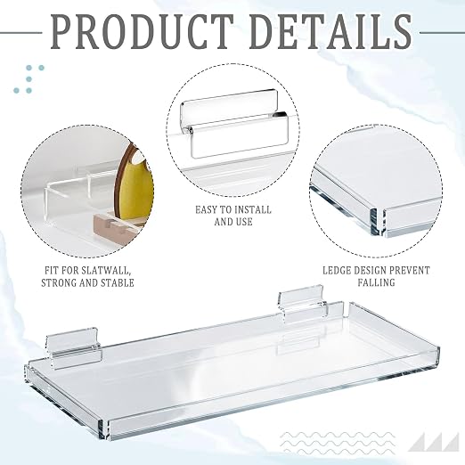 Yalikop 4 Pcs Slatwall Shelves Clear Acrylic Slatwall Shelves Organizer Wall Mounted Hanging Accessories Plastic Panel Display Shelf for Retail Store Boutique Garage Home(Fenced Style,12 x 5 Inch)