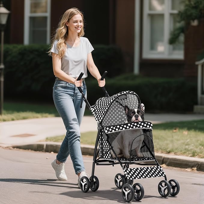 Pet Stroller for Small Dogs & Cats - 10-22lbs, Rear Storage, Black Polka Dots