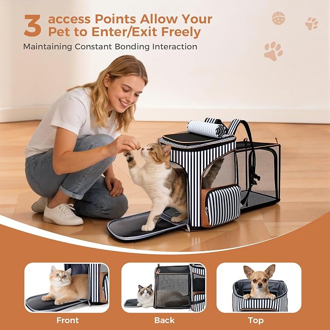 Lekereise Large Cat Backpack Expandable Pet Backpack Carrier for Small Medium Dogs Cats, Dog Carrier Backpack with Breathable Mesh and Inner Safety Leash, Striped