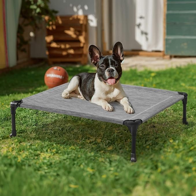 Veehoo Outdoor Elevated Dog Bed for Medium Dogs, Cooling Raised Dog Cots | Off-ground training platform, portable camping hammock, breathable mesh, easy to clean, no-tool setup, 32"x25", Black Silver