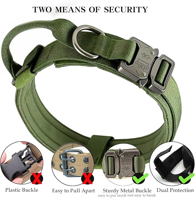 Tactical Dog Collar for Large Dogs with Control Handle,Green,L | 1000D Heavy-Duty Nylon Fabric，Quick-Release Metal Buckle，Soft-Padded Webbing，Velcro Patch&D-Ring for Training and Hiking