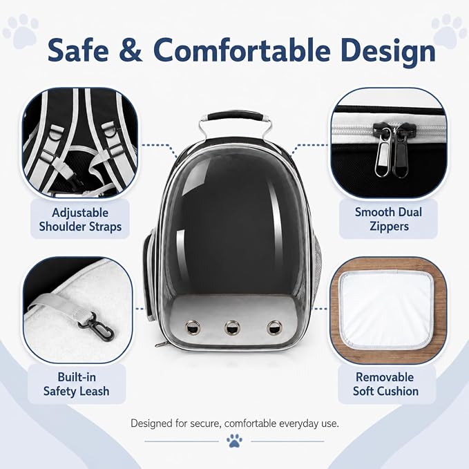 Expandable Cat Carrier Backpack for Cats and Dogs, Bubble Window Pet Travel Backpack with Breathable Mesh, Anti-Collapse Structure, Side Door, Safety Leash, for Vet Visits, Hiking, Outdoor, Black
