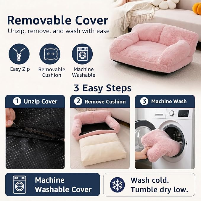 Pink Cat Couch Bed, Washable Plush Sofa for Cats and Small Dogs Pink(18.9 x 14.6 x 9.1 in)