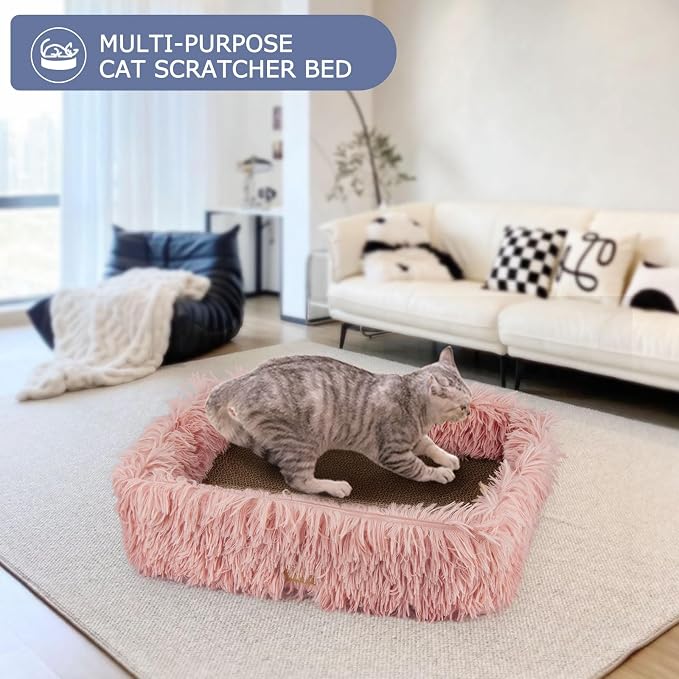 Cat Lounge Scratcher Box with Removable Cardboard (Pink) | High-density Corrugated Cardboard with Double-sided Use, Soft Long Plush, Release Stress and Protect Furniture