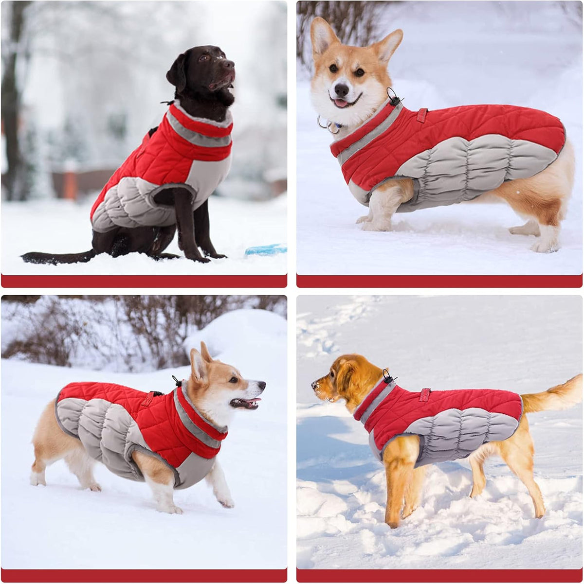 FUAMEY Dog Coat for Large Dogs,Waterproof Dog Winter Jacket with Harness Built in Puppy Cold Weather Coats Reflective Pet Vest with Zipper Warm Fleece Dogs Snowsuit Windproof Red L