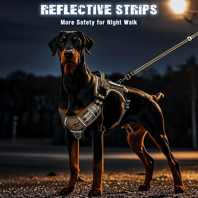 Tactical Dog Harness and Leash Set with 10 Patches for Large Dogs | Heavy Duty Adjustable No Pull Service Dog Vest with Dog Seat Belt,Reflective Easy Walk for Training Walking Hiking Camo XL