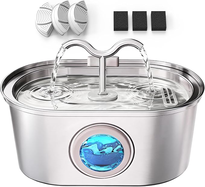 Cat Water Fountain Stainless Steel, 108oz/3.2L Pet Water Fountain for Cats Indoor, with Dual Spouts for Multiple Cats, Ultra-Quiet Automatic Dog Water Dispenser, 3 Pack Filters Included